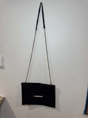 Black Suedette Fold-Over Envelope Clutch Bag with detachable gold chain